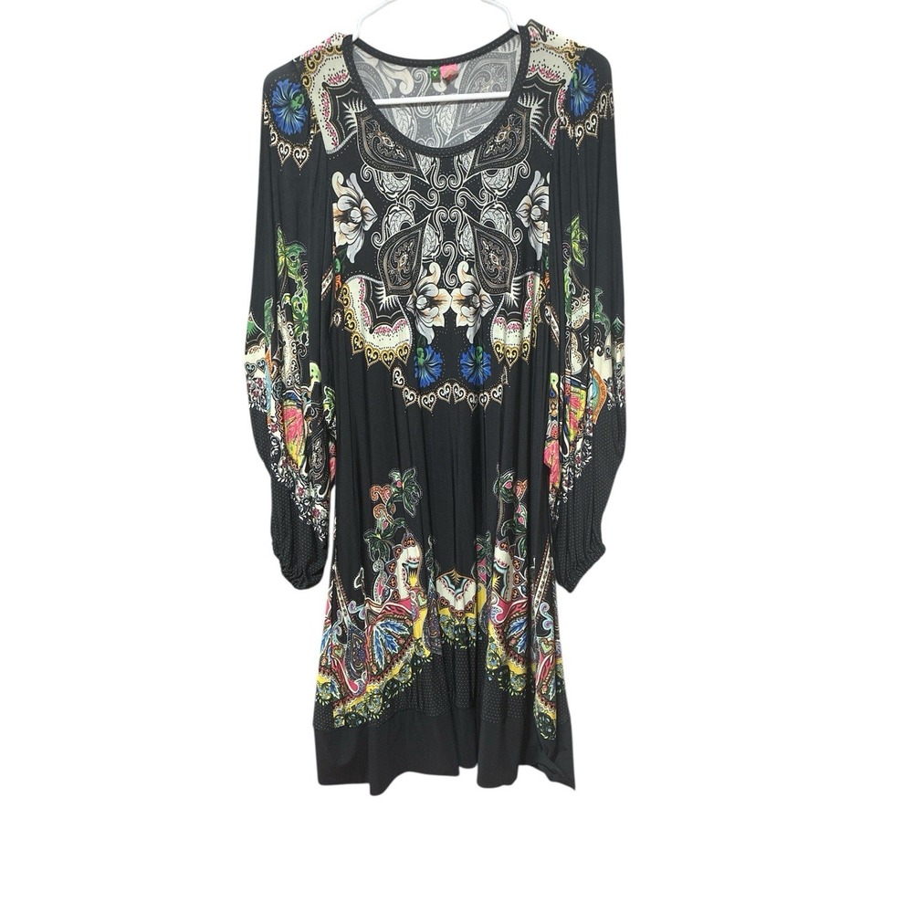 Farm Rio Women Dress Medium Black Floral Print Long Sleeves Crewneck Stretch